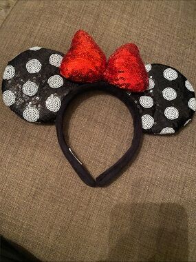 Disney Black Polka Dot Sequin Minnie Ears Headband with Red Bow